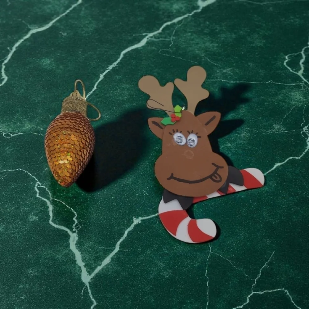 2 Festive Ornament Lot Reindeer with Candy Cane And Sequined Gold Light